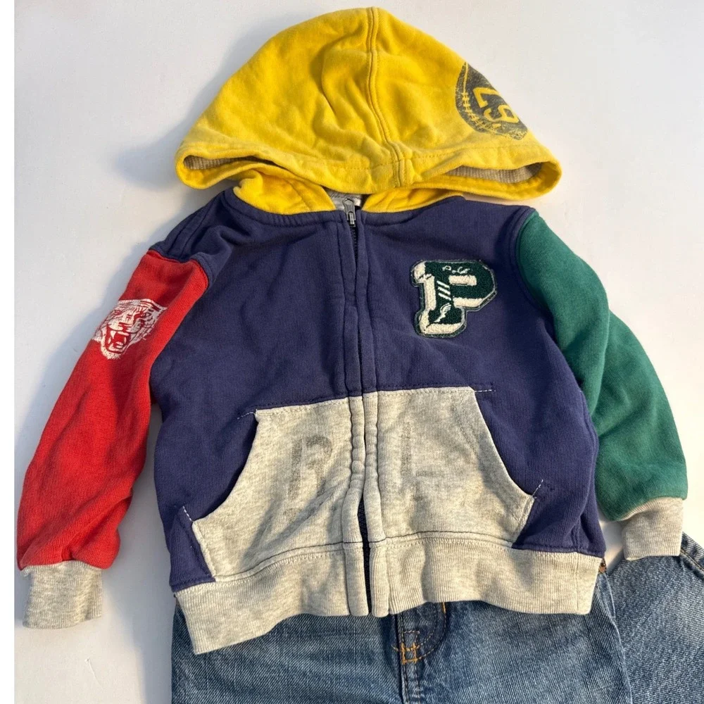 Polo Ralph Lauren Full Zip ColorBlock Hoodie Sweatshirt Denim Jeans Outfit 18m